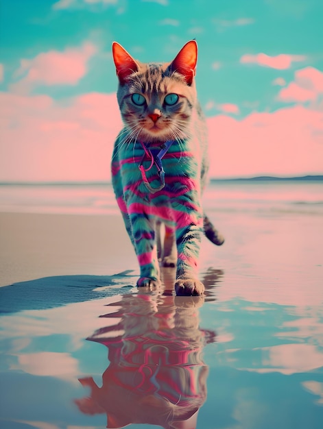 Katze geht am Strand spazieren