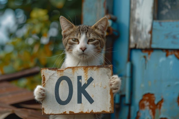 Katze hält ein Schild mit der Aufschrift "Ok, Abkommen-Konzept"