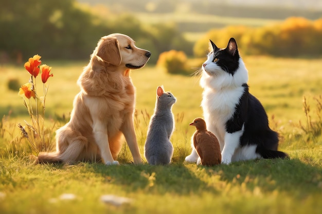 Katze, Hund und Vogel in perfekter Harmonie