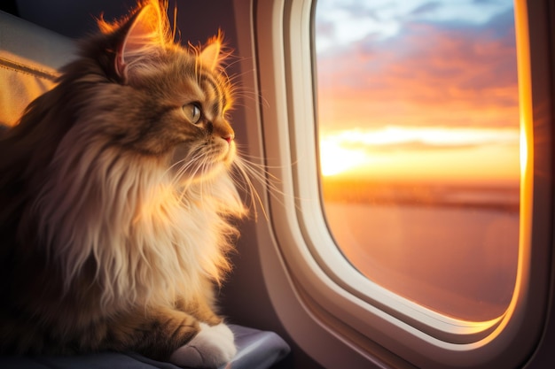 Katze im Flugzeug in der Nähe des Fensters bei Sonnenuntergang