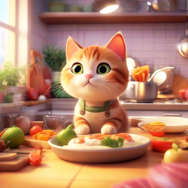 Katze in der Küche mit einer Schüssel Gemüse
