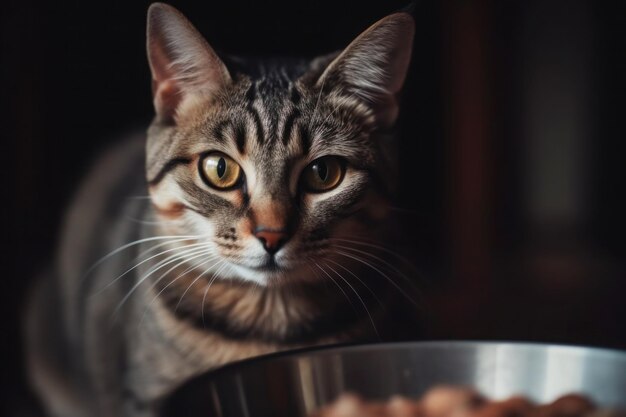 Katze in der Nähe einer Schüssel mit Nahrung Ernährungskonzept generative ai