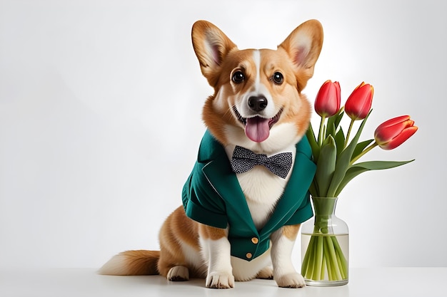 Katze in einem Anzug mit einem Strauß Tulpen auf einem minimalistischen Hintergrund