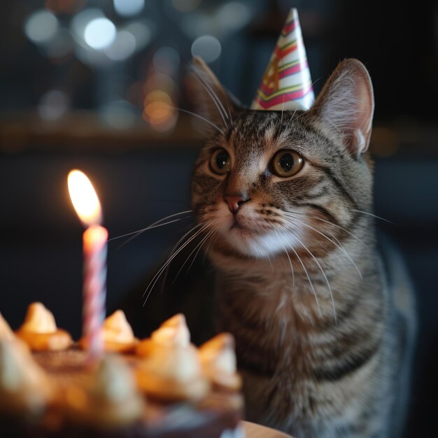 Foto katze in einer festlichen mütze sitzt vor einem kuchen mit kerzen