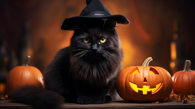 Katze in Halloween-Kleidung mit Kürbis