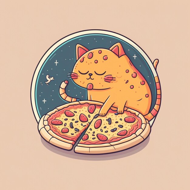 Foto katze isst eine pizza-vektorillustration