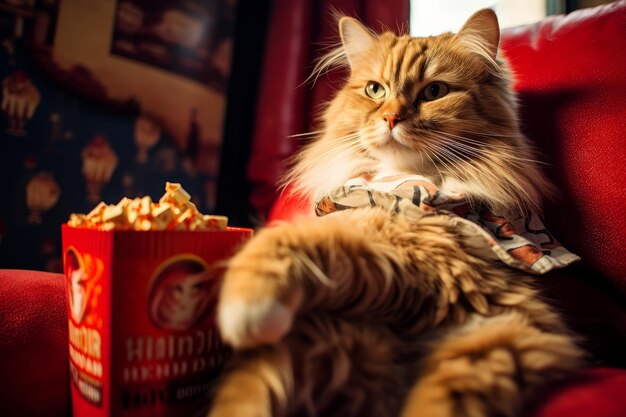 Katze isst Popcorn und schaut sich eine aufregende Premiere eines neuen Films im Kino an