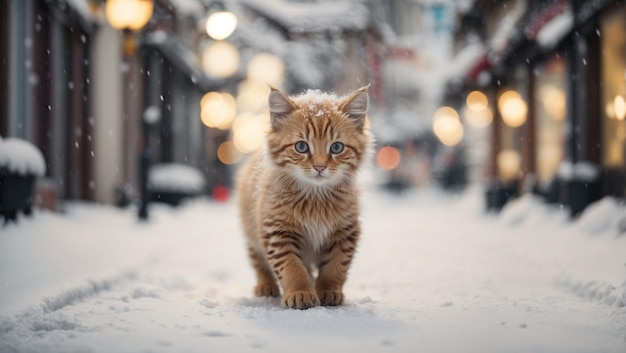 Katze läuft im Winter die verschneite Straße entlang