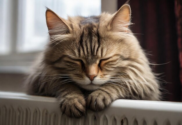 Foto katze liegt auf einem heizkörper im zimmer