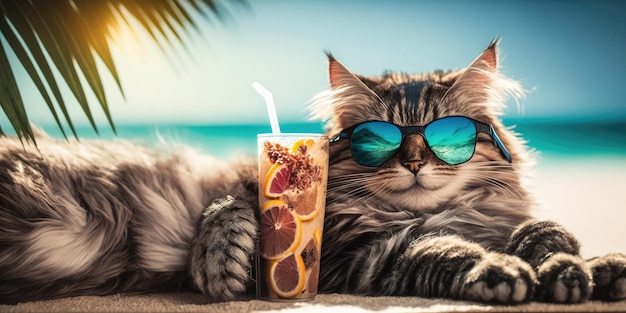 Katze macht Sommerurlaub im Badeort und entspannt sich am Sommerstrand von Hawaii