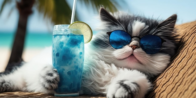 Katze macht Sommerurlaub im Badeort und entspannt sich am Sommerstrand von Hawaii