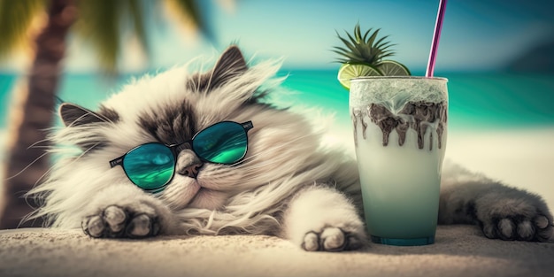 Katze macht Sommerurlaub im Badeort und entspannt sich am Sommerstrand von Hawaii