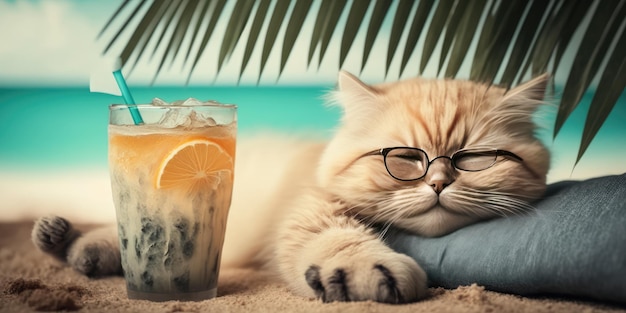 Katze macht Sommerurlaub im Badeort und entspannt sich am Sommerstrand von Hawaii
