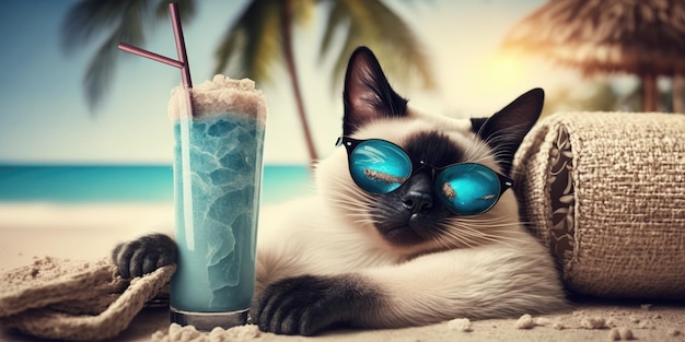 Katze macht Sommerurlaub im Badeort und entspannt sich am Sommerstrand von Hawaii