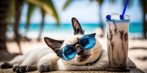 Katze macht Sommerurlaub im Badeort und entspannt sich am Sommerstrand von Hawaii