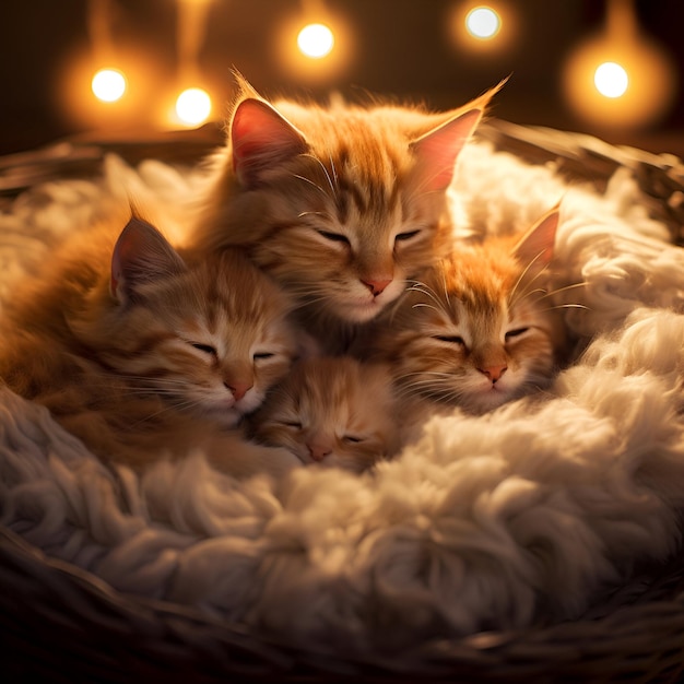 Katze mit Baby-Kätzchen, die in einem Korb mit Lichtern um sie herum schlafen