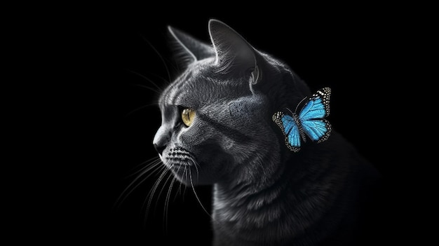 Katze mit blauem Schmetterling auf schwarzem Hintergrundgenerative KI
