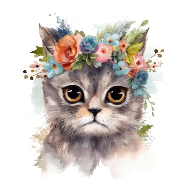 Katze mit Blumen auf dem Kopf, Aquarell- und Pastellfarben, generiert ai