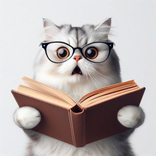 Katze mit Brille liest ein Buch auf weißem Hintergrund ai generativ