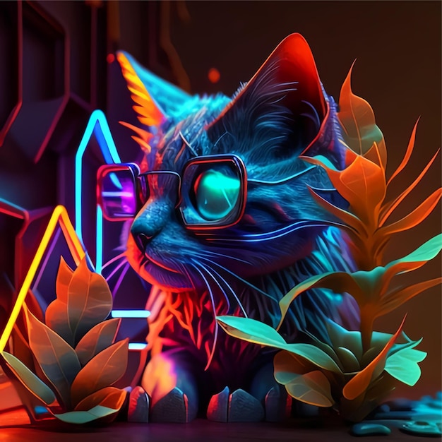 katze mit brille mit geometrischer raumkunst futuristischer albumcover-stil neon