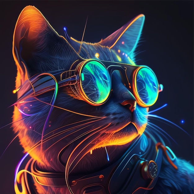 katze mit brille mit geometrischer raumkunst futuristischer albumcover-stil neon