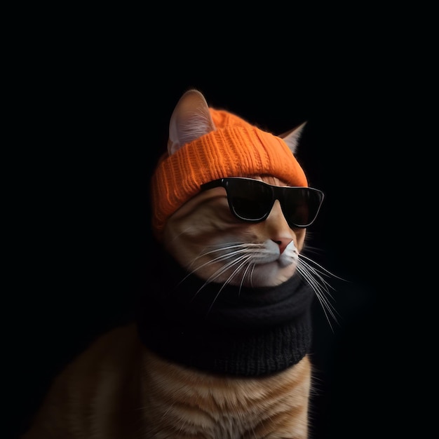 Katze mit Brille, Schal und orangefarbener Mütze auf schwarzem Hintergrund