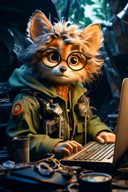 Katze mit Brille sitzt vor Laptop-Computer Generative KI