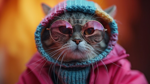 Katze mit Brille und rosa Mantel