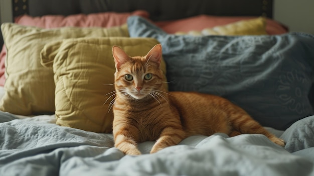 Katze mit farbigen Kissen hinter sich auf einem Bett