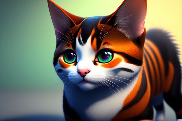 Katze mit grünen Augen auf grünem Hintergrund 3D-Illustration