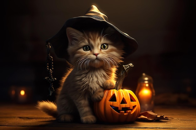 Katze mit Halloween-Hexenkostümhut im Studio mit Kürbissen, die von der KI generiert wurden