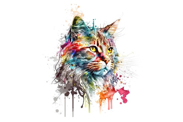 Katze mit handgezeichneten Aquarellfarben isoliert auf weißem Hintergrund AI-Generation