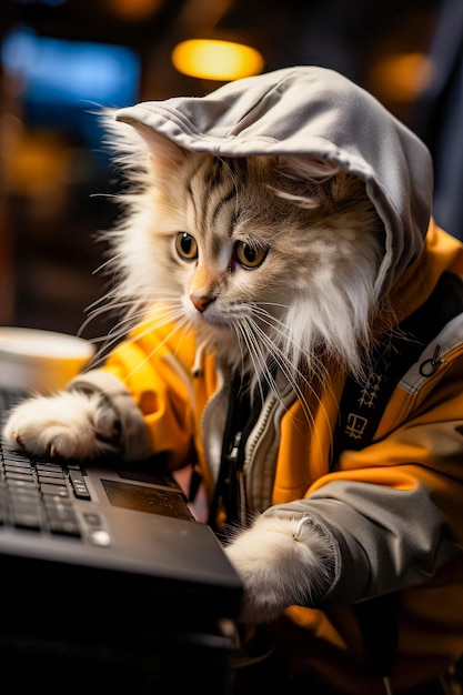 Katze mit Kapuze sitzt auf einem Laptop Generative KI