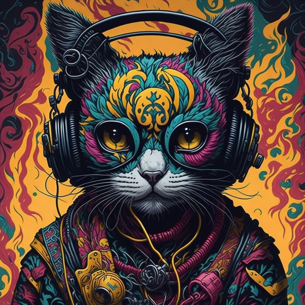 Katze mit Kopfhörern farbenfroh
