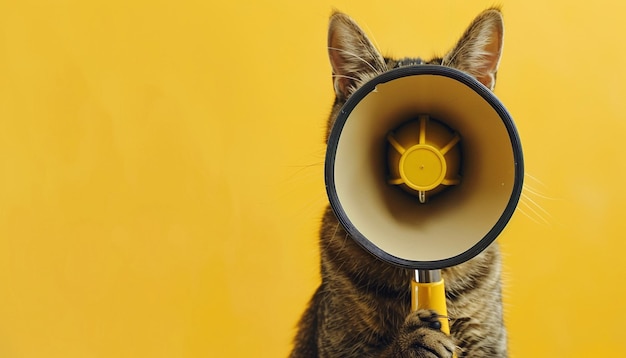 Katze mit Megafon auf gelbem Hintergrund
