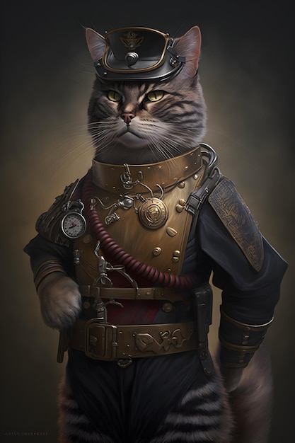 Katze mit Militärhelm