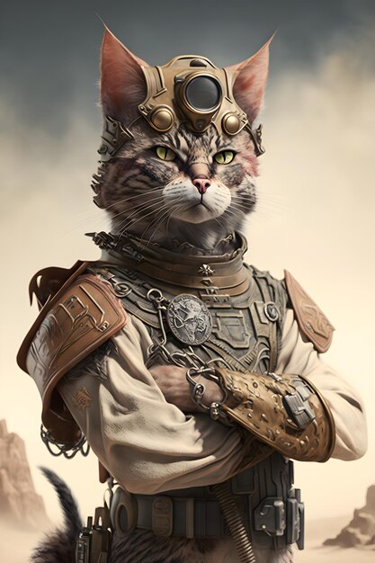 Katze mit Militärhelm