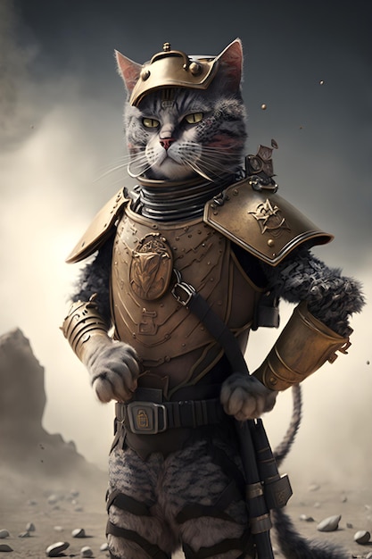 Katze mit Militärhelm