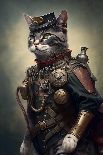 Katze mit Militärhelm