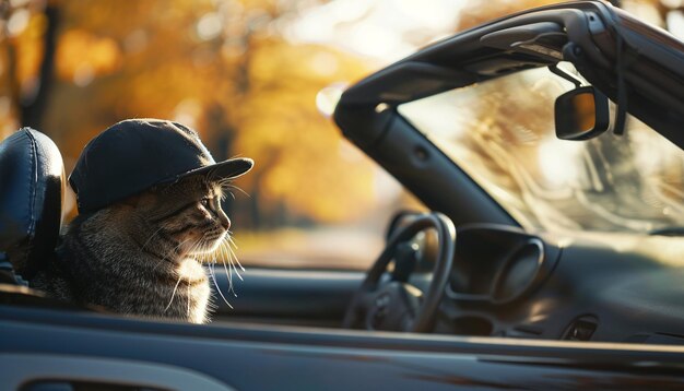 Katze mit Mütze sitzt in einem Cabriolet