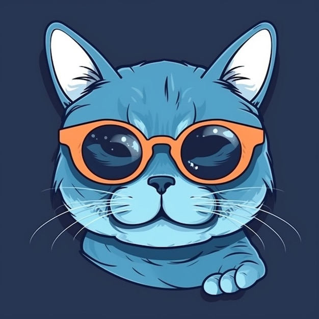 Katze mit orangefarbener Brille auf blauem Hintergrund