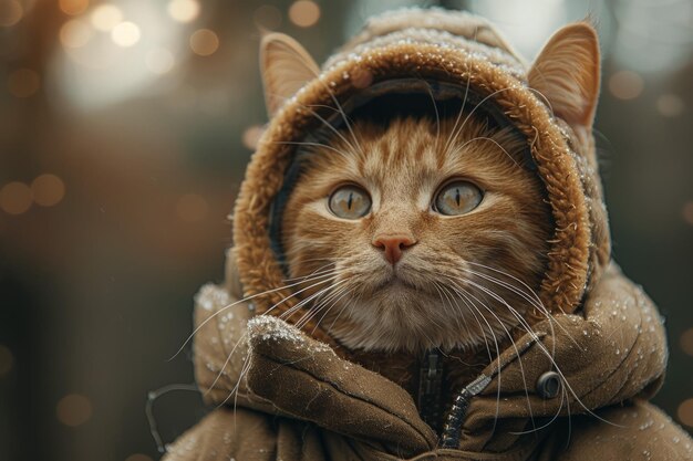 Katze mit orangefarbener Jacke mit Kapuze