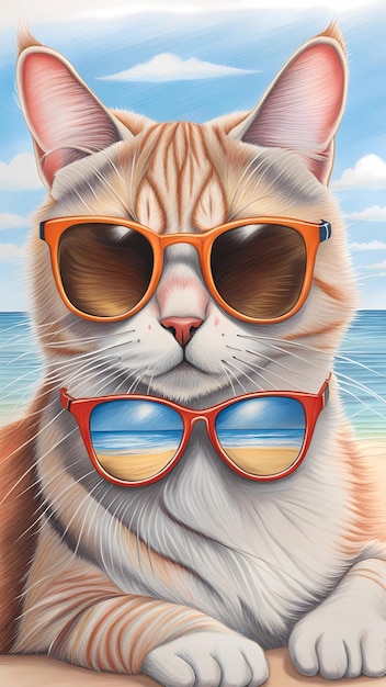 Katze mit Sonnenbrille am Strand zeichnet Zeichentrickfilme
