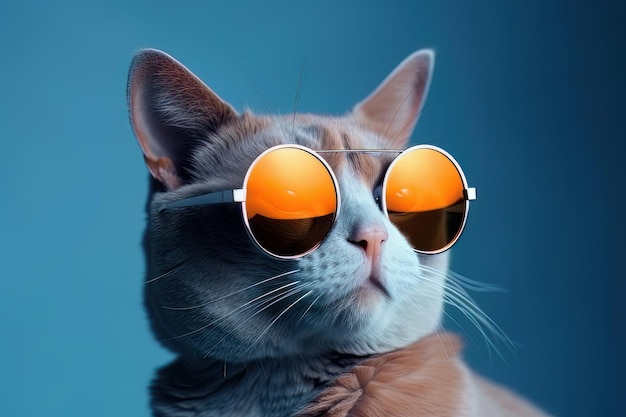 Katze mit Sonnenbrille auf blauem Studiohintergrund Generative KI