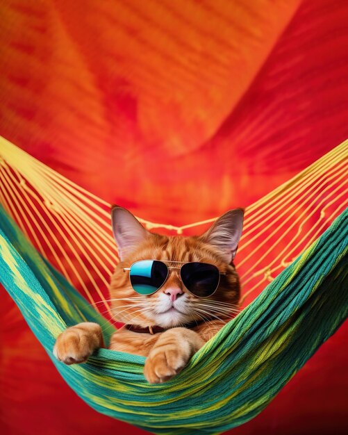 Katze mit Sonnenbrille in Hängematte im tropischen Garten Generative KI