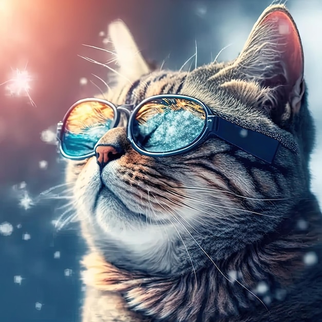 Katze mit Sonnenbrille mit dem Himmel im Hintergrund