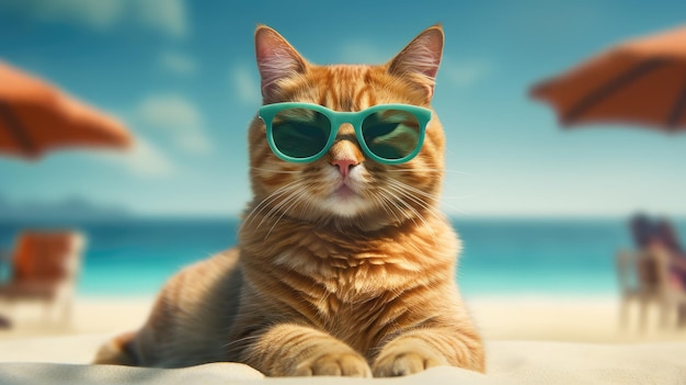 Foto katze mit sonnenbrille sonnt sich am strand. generative ki-technologie