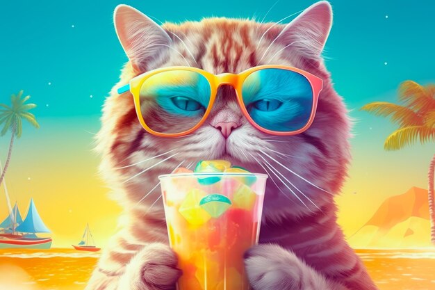 Katze mit Sonnenbrille und Cocktail entspannt sich im Hintergrund des Meeres Hallo Sommer Generative KI