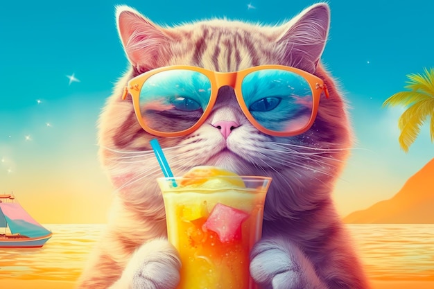 Katze mit Sonnenbrille und Cocktail entspannt sich im Hintergrund des Meeres Hallo Sommer Generative KI