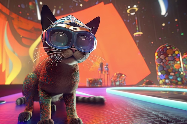 Katze mit Virtual-Reality-Brille in futuristischer Umgebung, generative KI